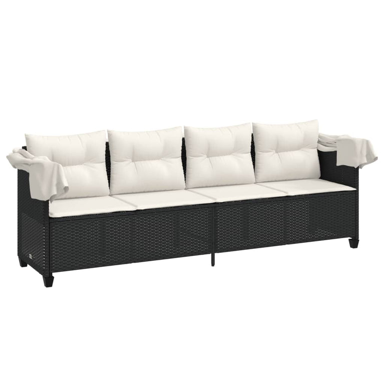 Ligbed met luifel en kussens poly rattan zwart