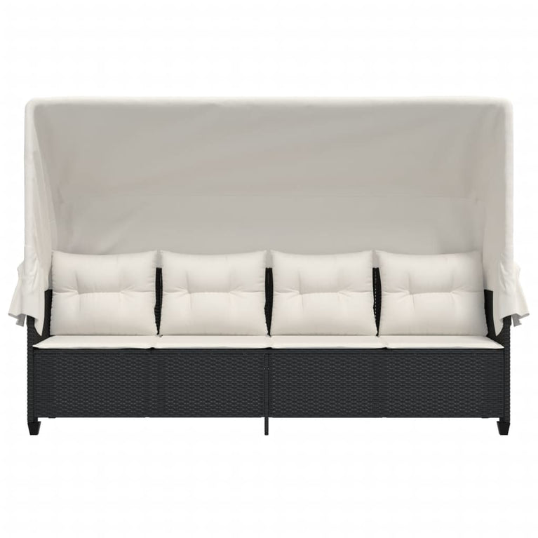 Ligbed met luifel en kussens poly rattan zwart