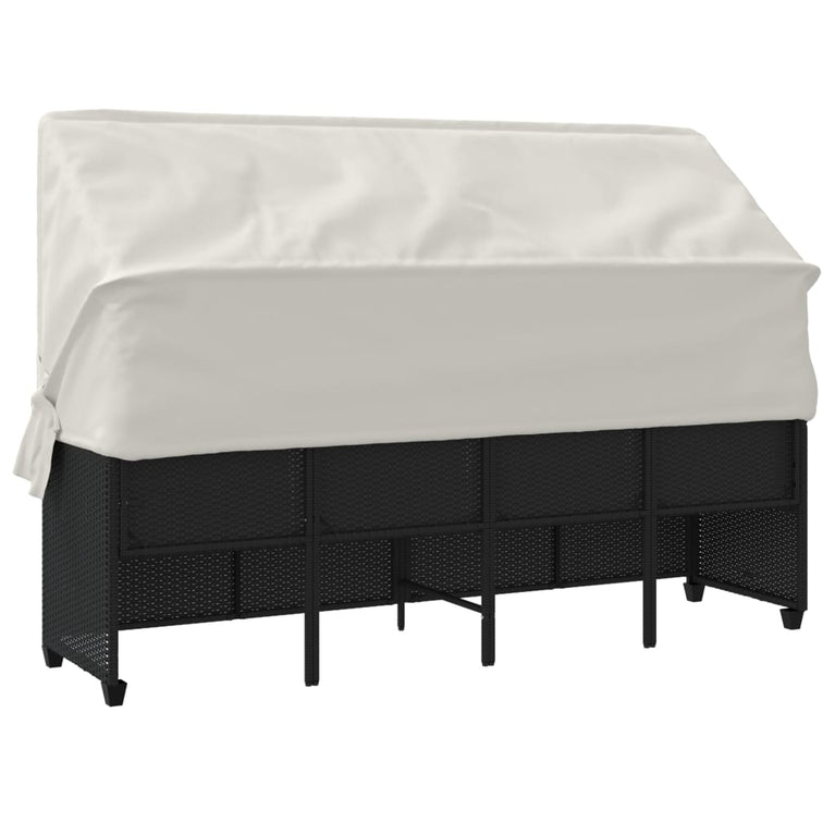Ligbed met luifel en kussens poly rattan zwart