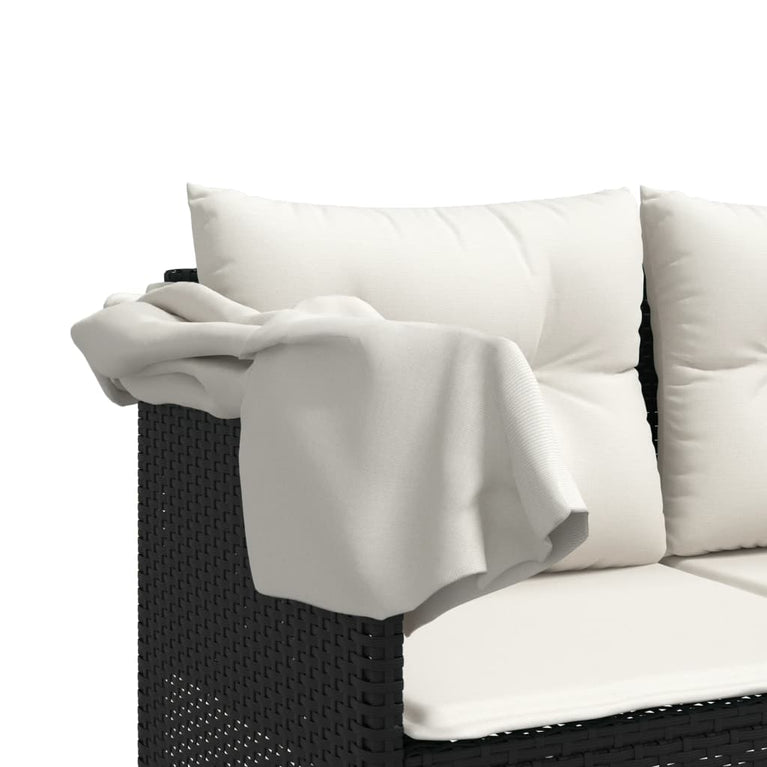 Ligbed met luifel en kussens poly rattan zwart