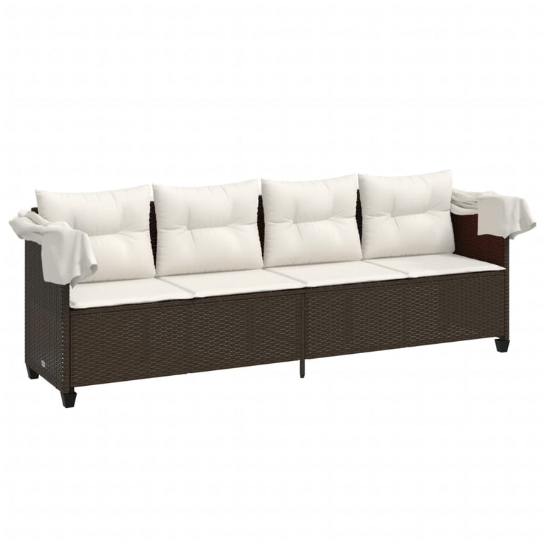 Ligbed met luifel en kussens poly rattan bruin