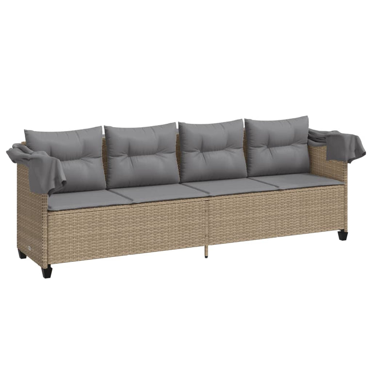 Ligbed met luifel en kussen poly rattan beige
