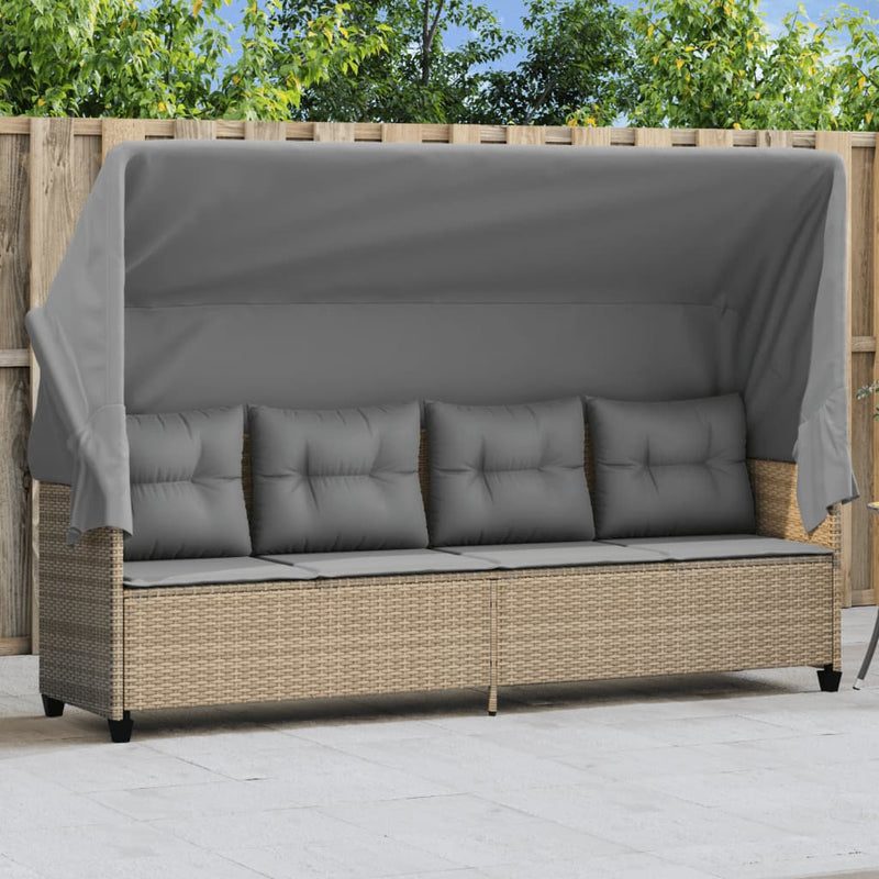 Ligbed met luifel en kussen poly rattan beige