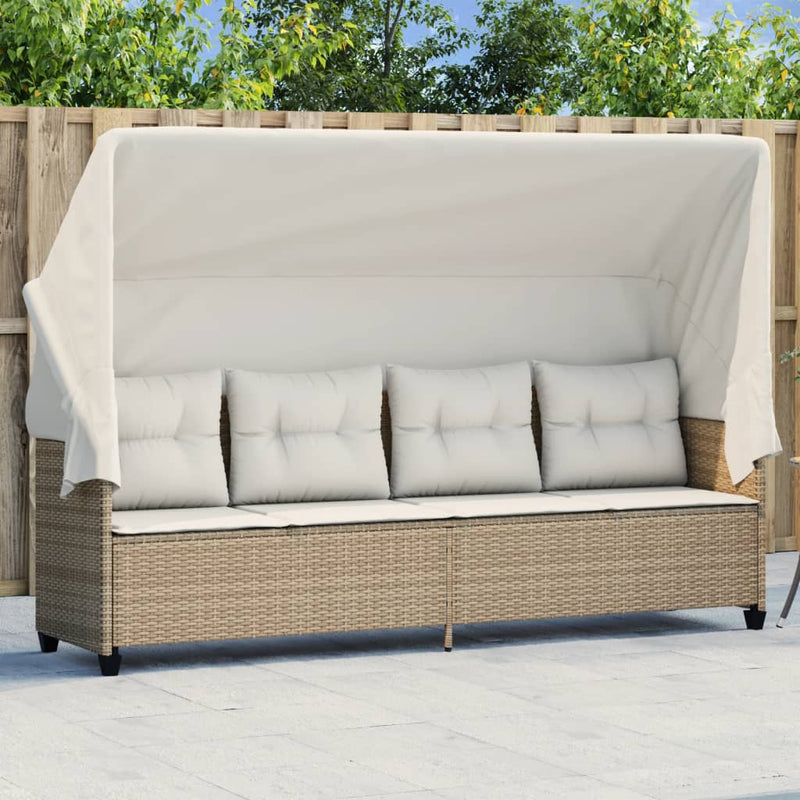 Ligbed met luifel en kussen poly rattan beige