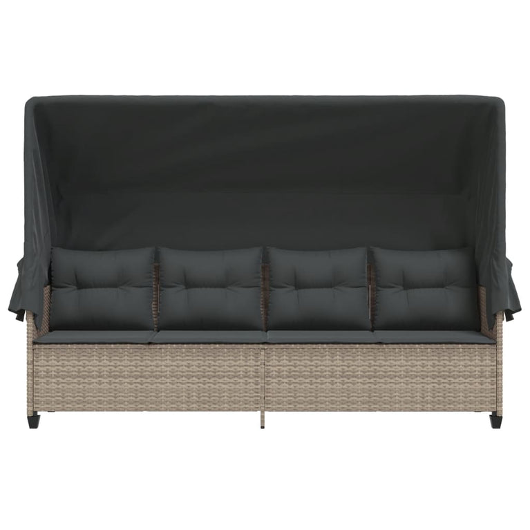 Ligbed met luifel en kussens poly rattan lichtgrijs