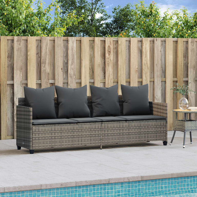 Ligbed met kussen poly rattan grijs