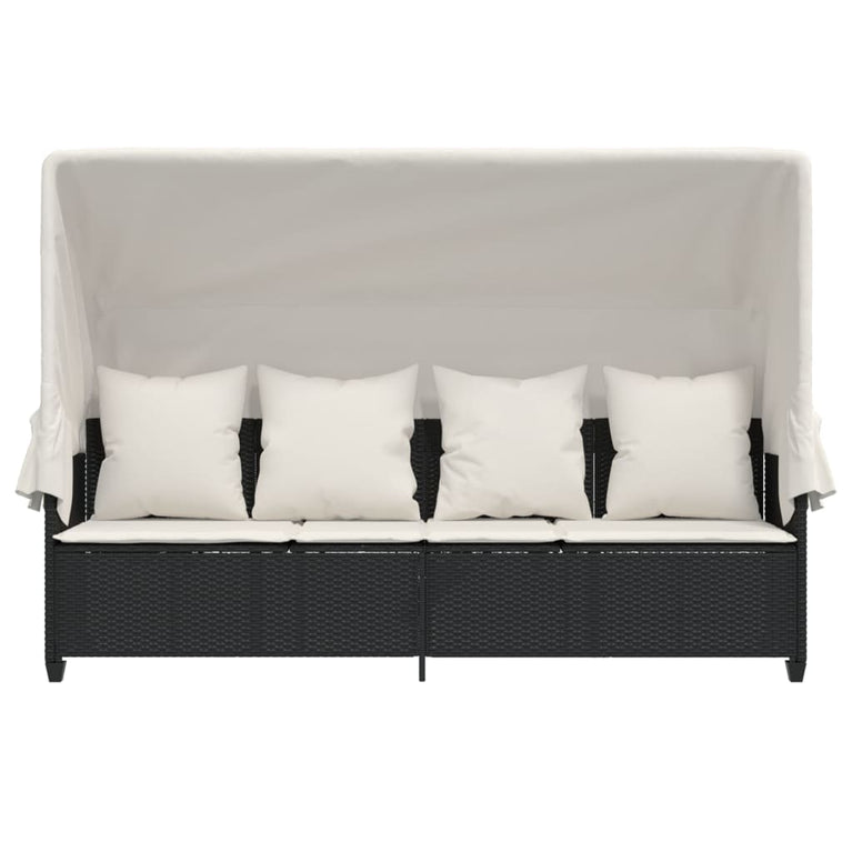 Ligbed met luifel en kussens poly rattan zwart