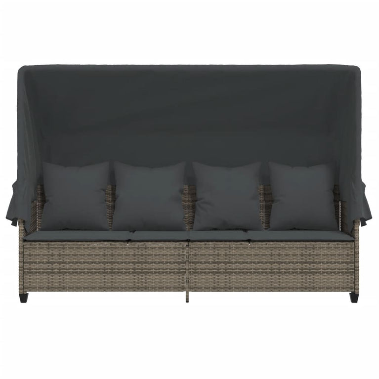 Ligbed met luifel en kussens poly rattan grijs