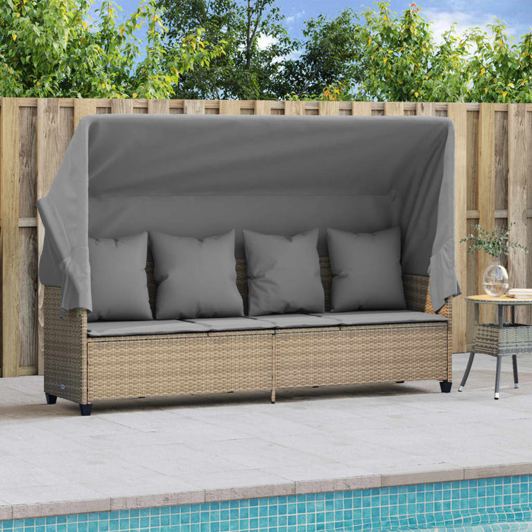 Ligbed met luifel en kussen poly rattan beige