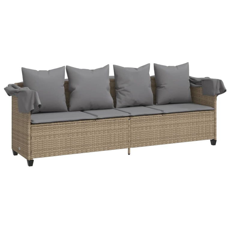 Ligbed met luifel en kussen poly rattan beige