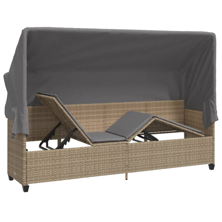 Ligbed met luifel en kussen poly rattan beige