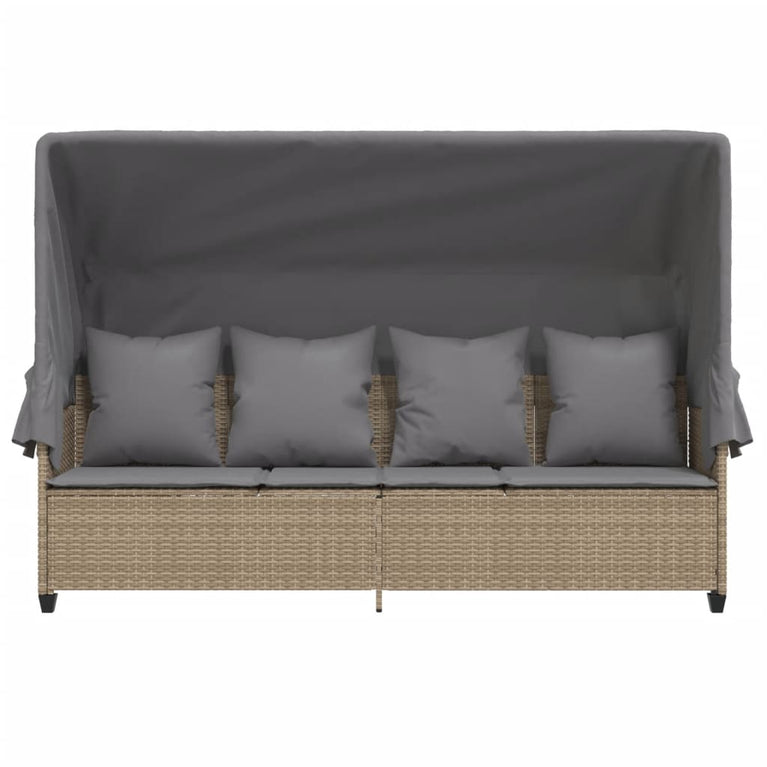 Ligbed met luifel en kussen poly rattan beige