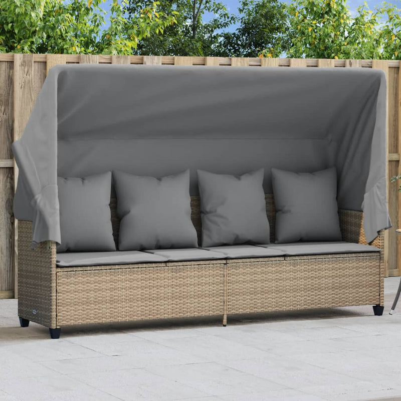 Ligbed met luifel en kussen poly rattan beige