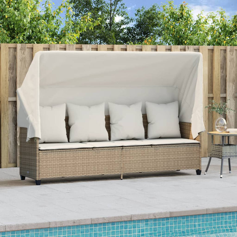 Ligbed met luifel en kussen poly rattan beige