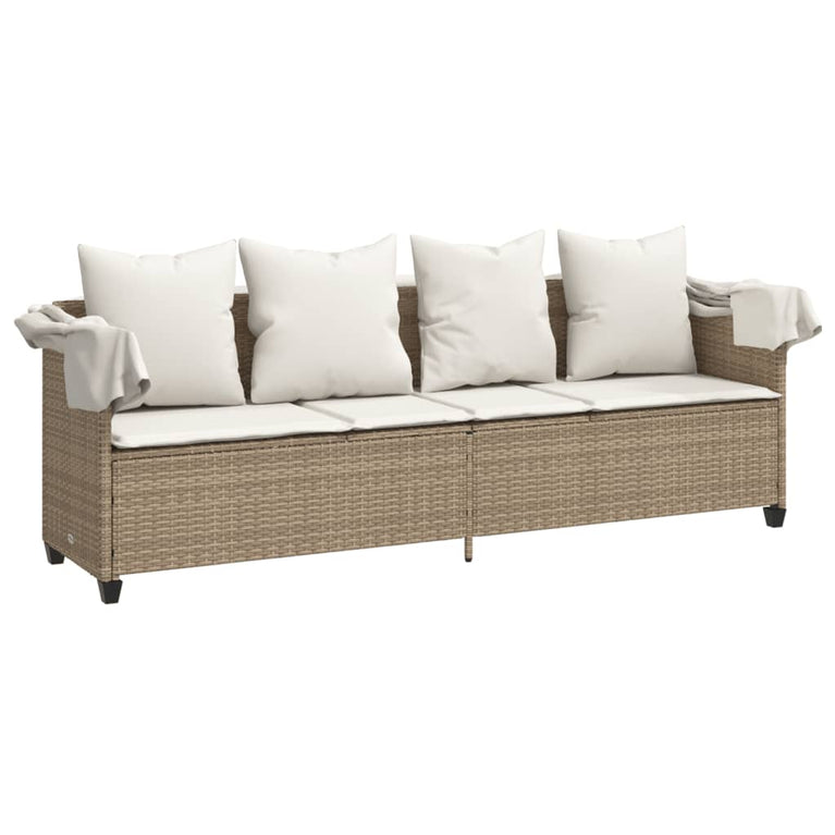Ligbed met luifel en kussen poly rattan beige