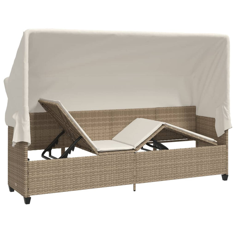 Ligbed met luifel en kussen poly rattan beige