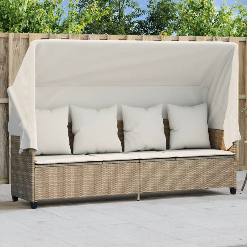 Ligbed met luifel en kussen poly rattan beige