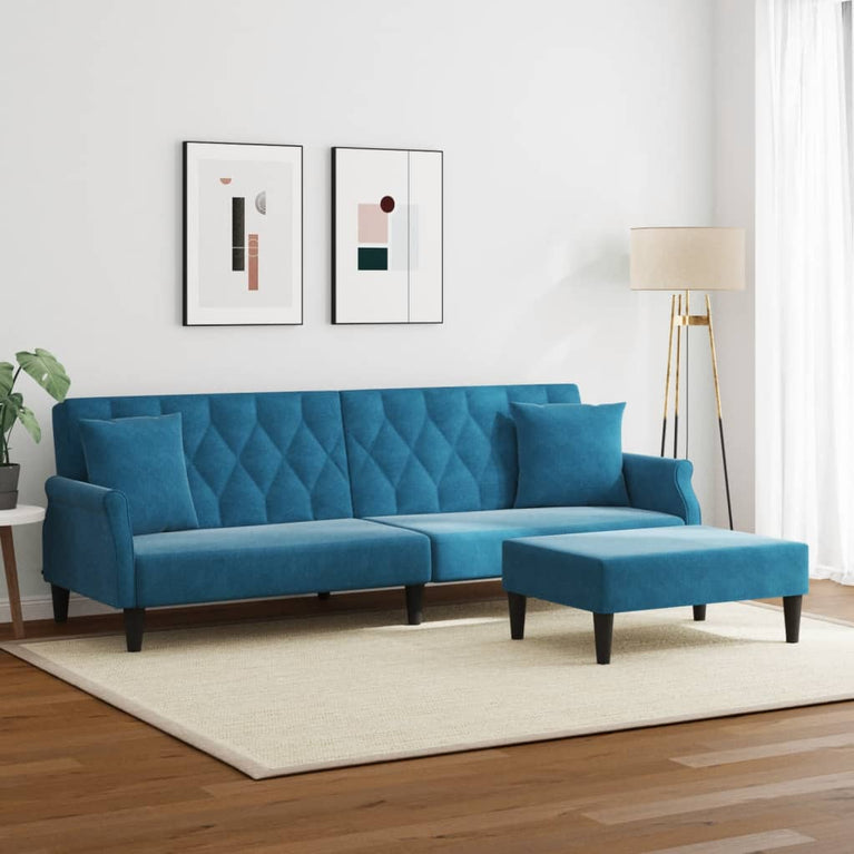 Slaapbank 2-zits met kussens en voetenbank fluweel blauw