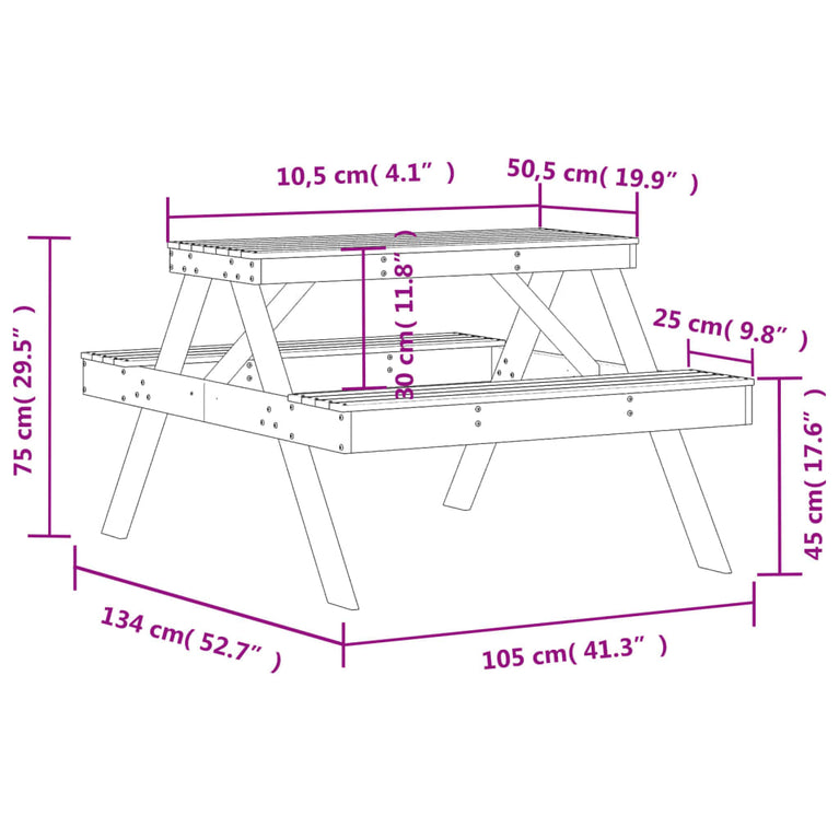 Picknicktafel 105x134x75 cm massief grenenhout wit