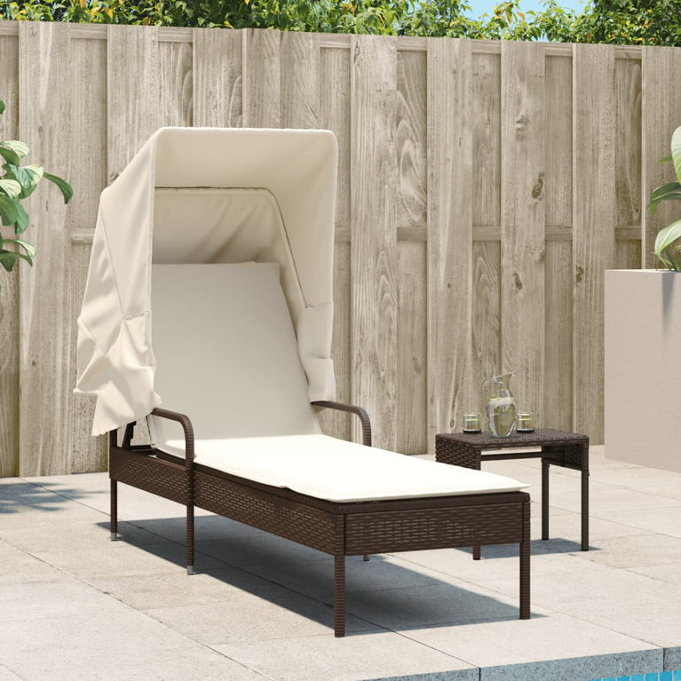 Ligbed met luifel poly rattan bruin