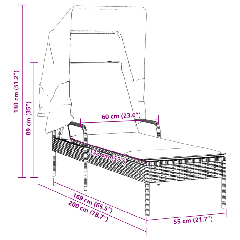 Ligbed met luifel poly rattan bruin