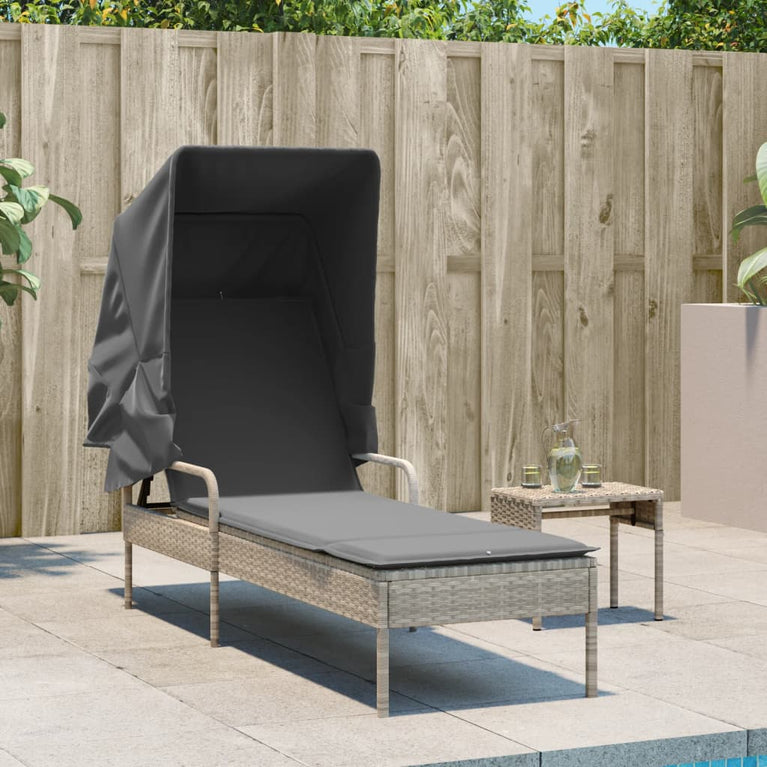 Ligbed met luifel poly rattan lichtgrijs