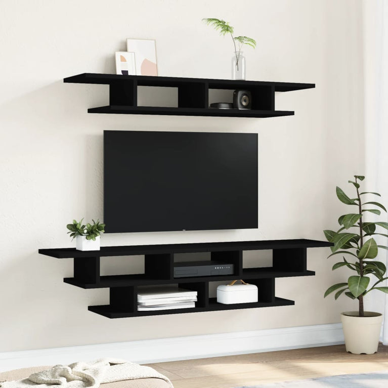Tv-wandmeubelset bewerkt hout zwart