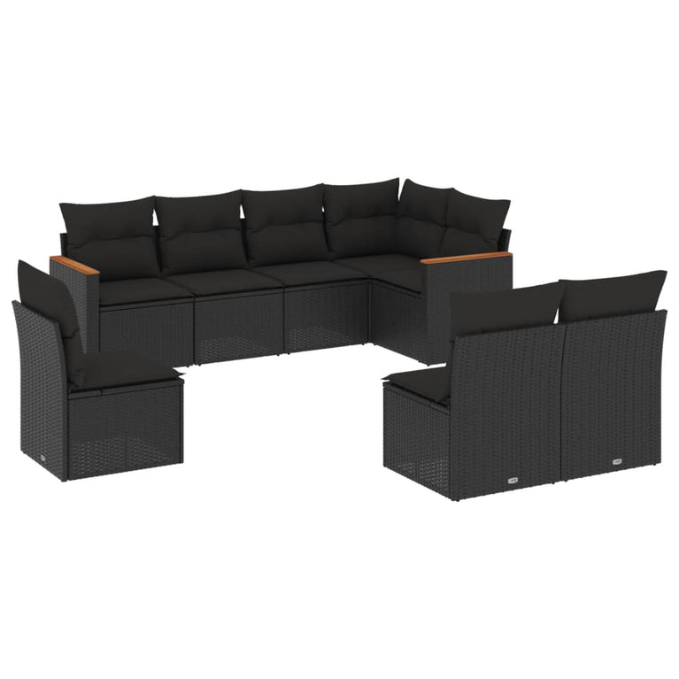 8-delige Loungeset met kussens poly rattan zwart
