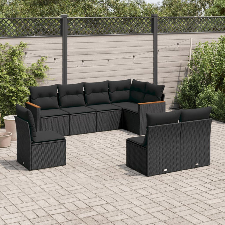 8-delige Loungeset met kussens poly rattan zwart