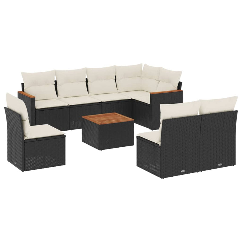 9-delige Loungeset met kussens poly rattan zwart