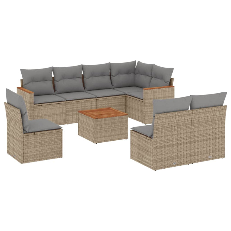 9-delige Loungeset met kussens poly rattan gemengd beige