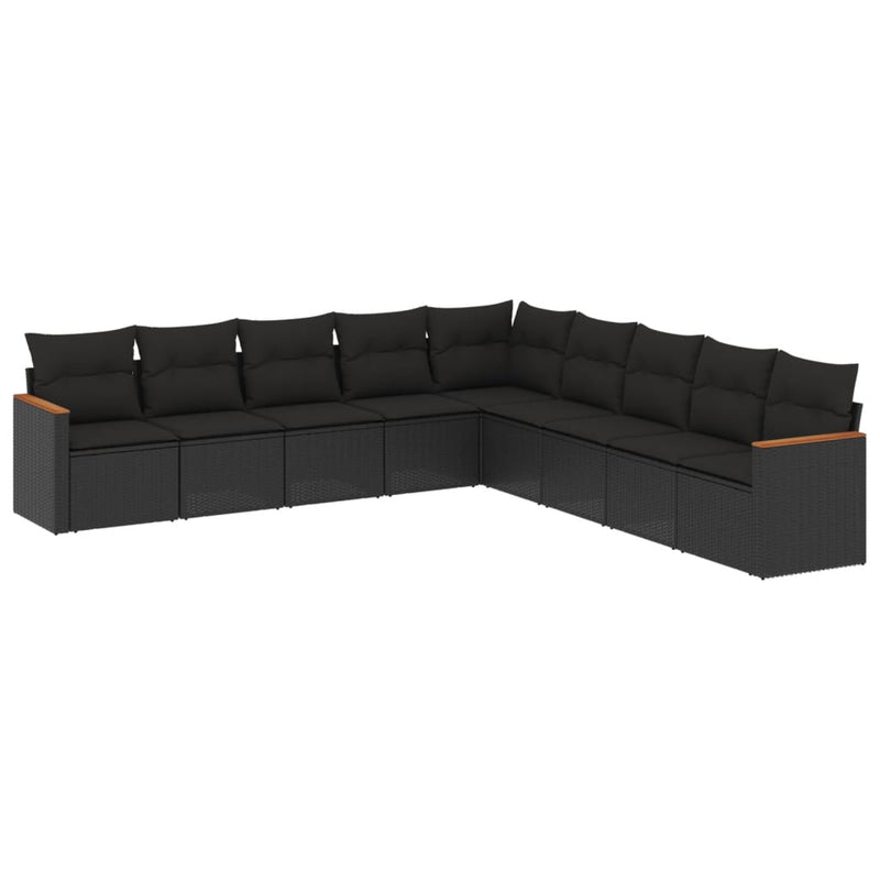 9-delige Loungeset met kussens poly rattan zwart