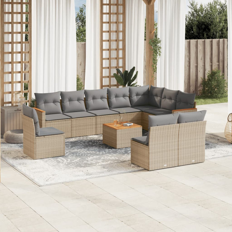 11-delige Loungeset met kussens poly rattan gemengd beige