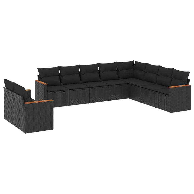 10-delige Loungeset met kussens poly rattan zwart