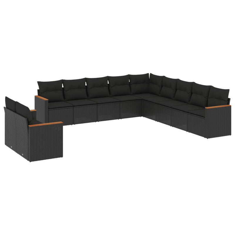 11-delige Loungeset met kussens poly rattan zwart