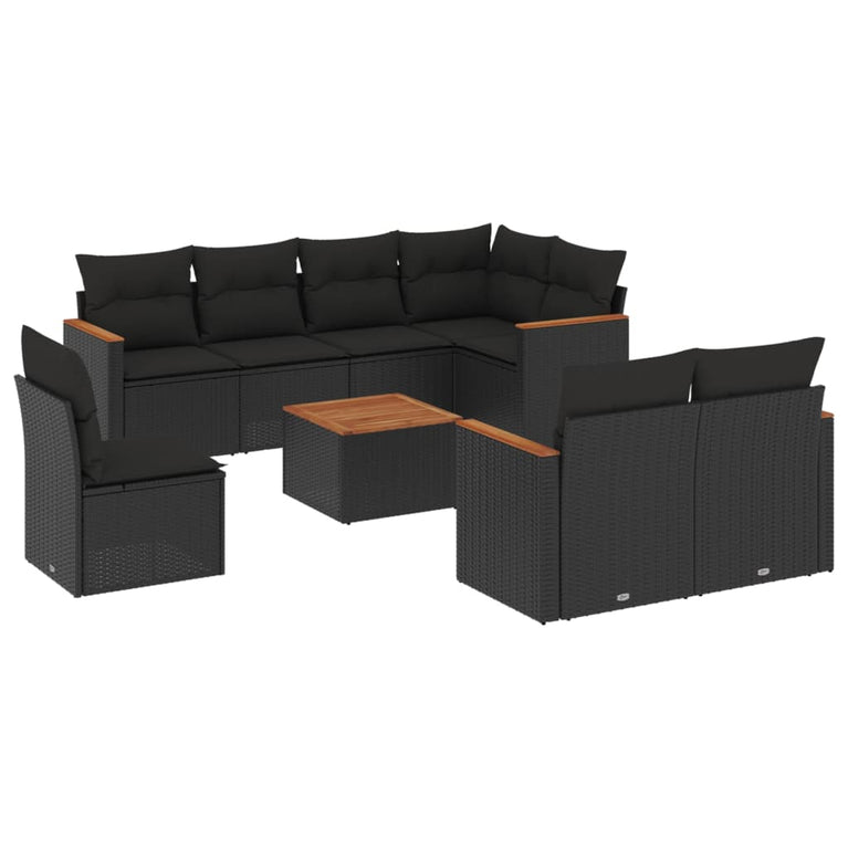 9-delige Loungeset met kussens poly rattan zwart