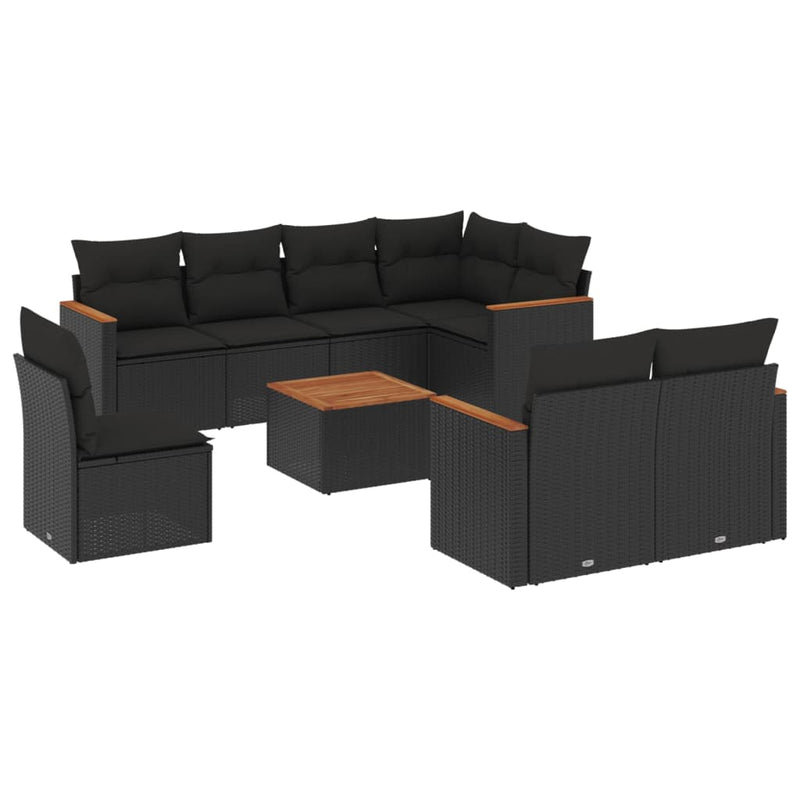 9-delige Loungeset met kussens poly rattan zwart