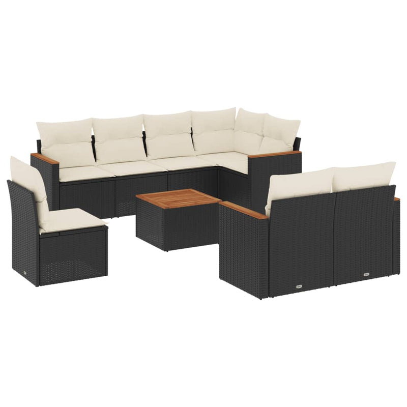9-delige Loungeset met kussens poly rattan zwart