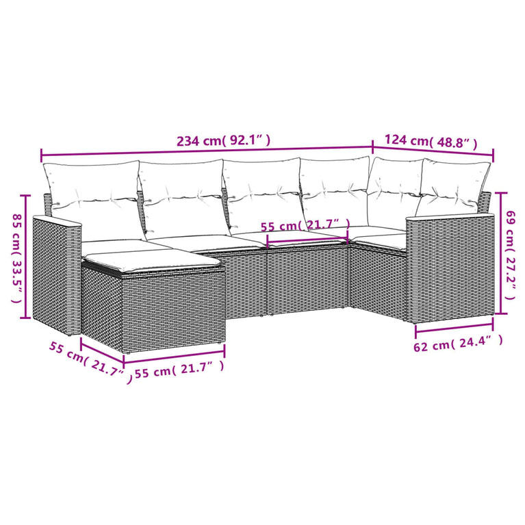 6-delige Loungeset met kussens poly rattan gemengd beige