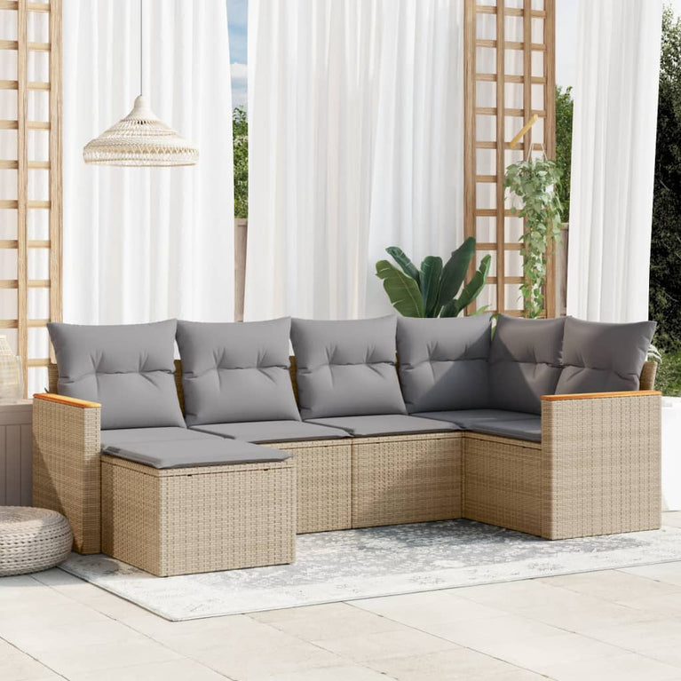 6-delige Loungeset met kussens poly rattan gemengd beige