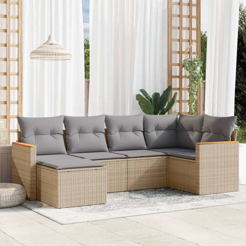 6-delige Loungeset met kussens poly rattan gemengd beige