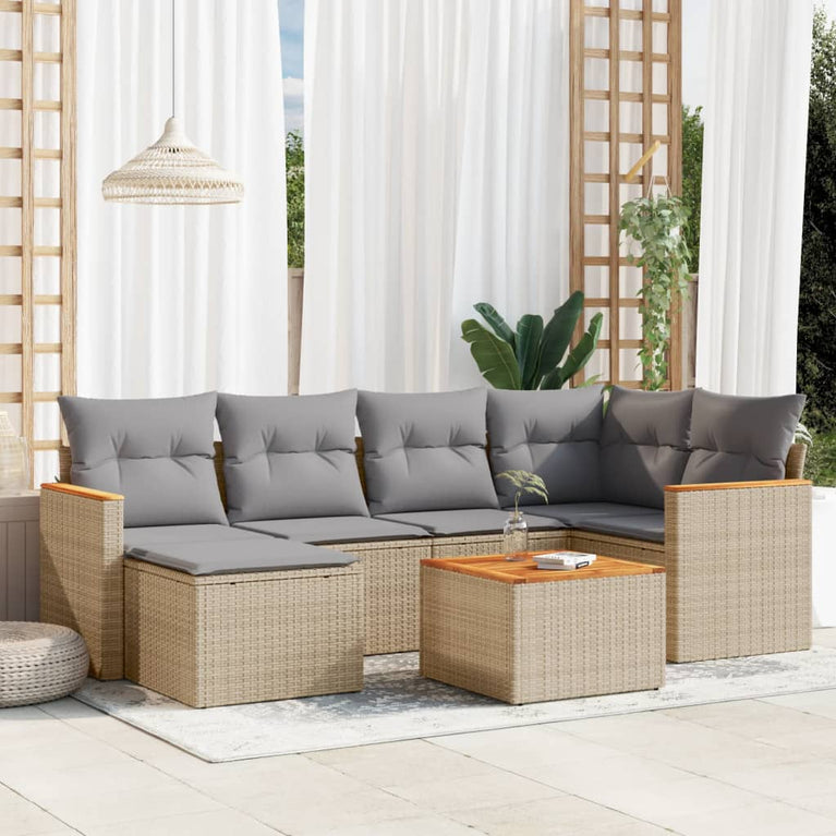 7-delige Loungeset met kussens poly rattan gemengd beige