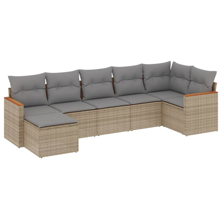 7-delige Loungeset met kussens poly rattan gemengd beige