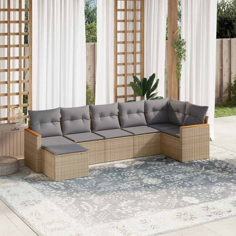 7-delige Loungeset met kussens poly rattan gemengd beige