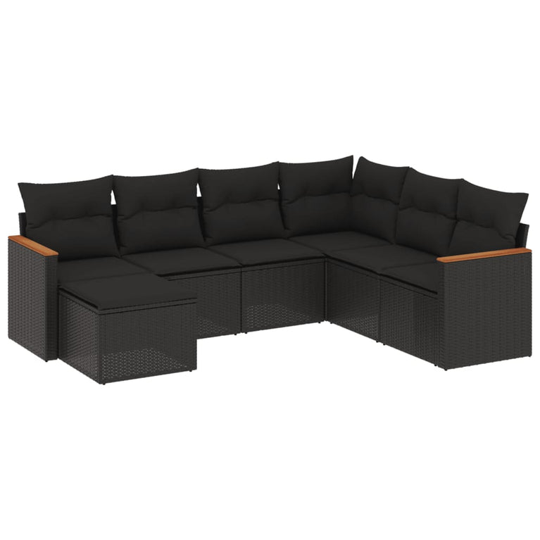 7-delige Loungeset met kussens poly rattan zwart