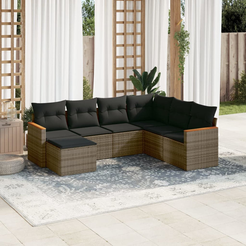 7-delige Loungeset met kussens poly rattan grijs
