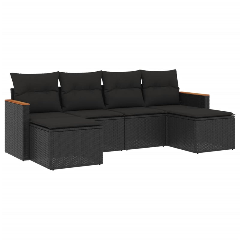 6-delige Loungeset met kussens poly rattan zwart