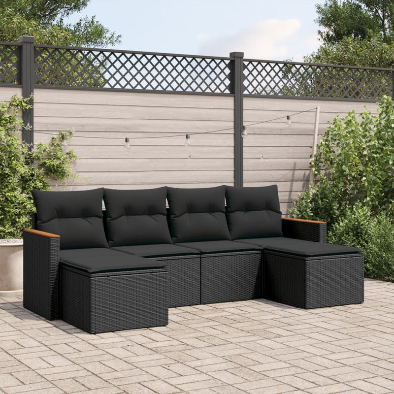 6-delige Loungeset met kussens poly rattan zwart