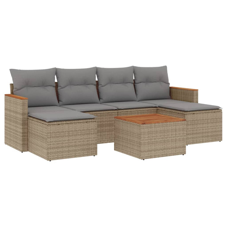 7-delige Loungeset met kussens poly rattan gemengd beige