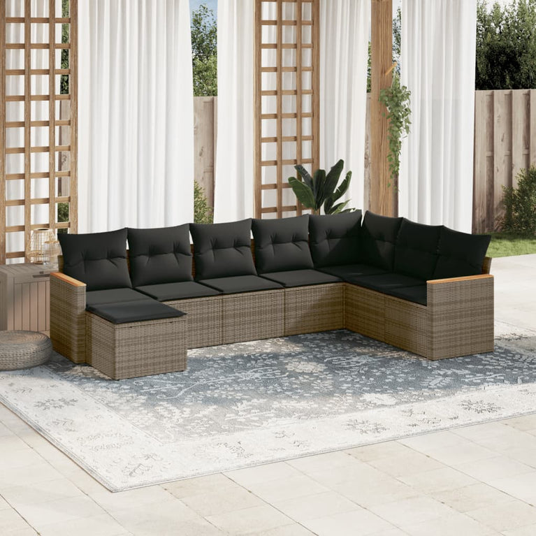8-delige Loungeset met kussens poly rattan grijs